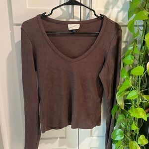 Women's Small Brown V-Neck Ribbed Long Sleeve Top